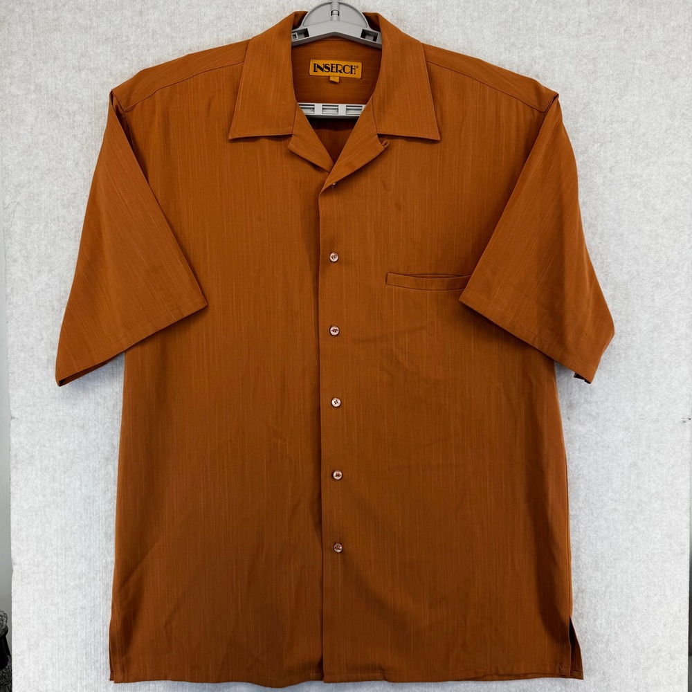 Inserch Mens Rust Orange Textured Short Sleeve Camp Collar Button Up Shirt XL